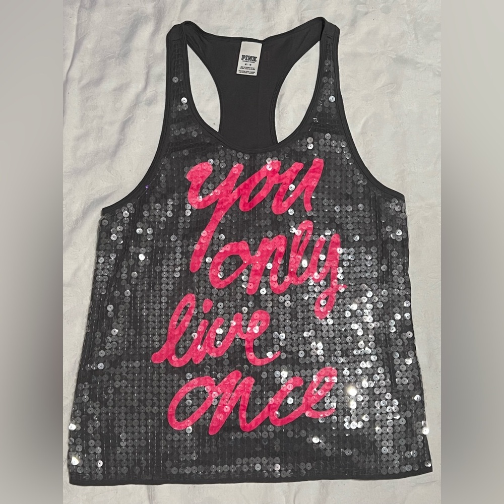 PINK Victoria's Secret Black Sequin YOLO Tank Top